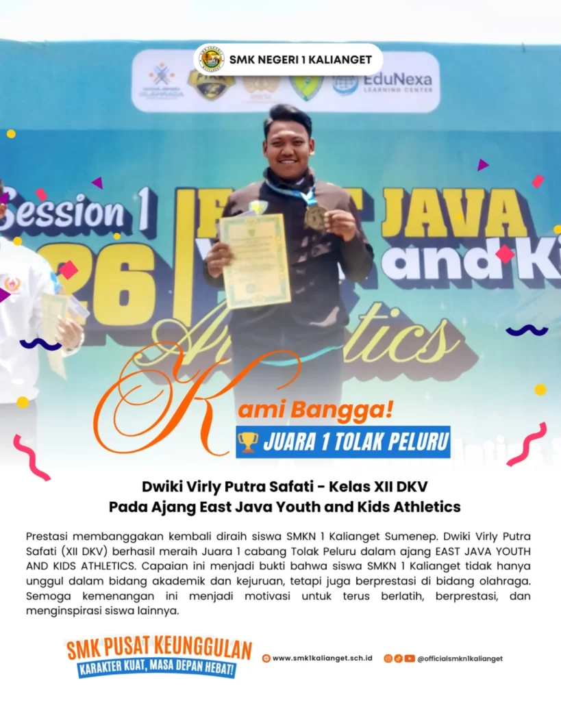 Juara 1 Tolak Peluru Prestasi Membanggakan Kembali Diraih Siswa SMKN 1 Kalianget Sumenep. Dwiki Virly Putra Safati 819x1024